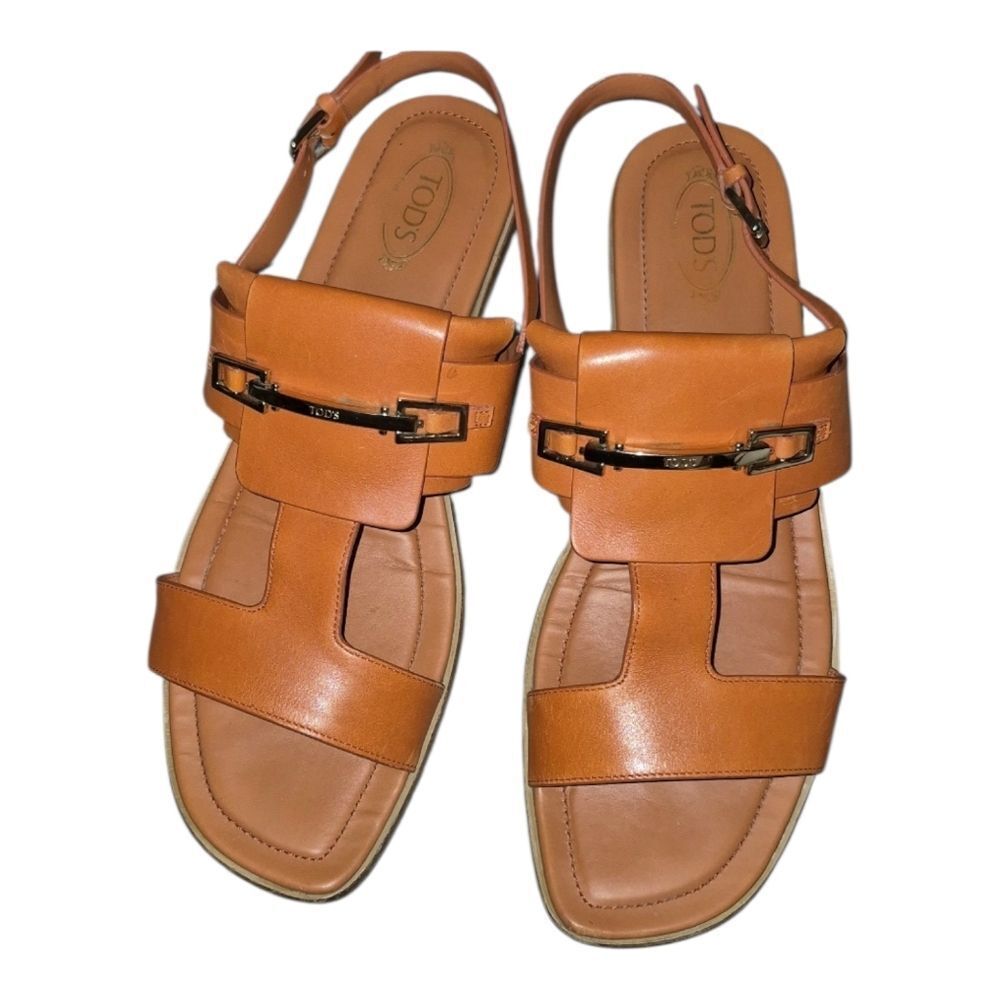 Tod's Leather T Strap Flat Sandals Made In Italy Size 40